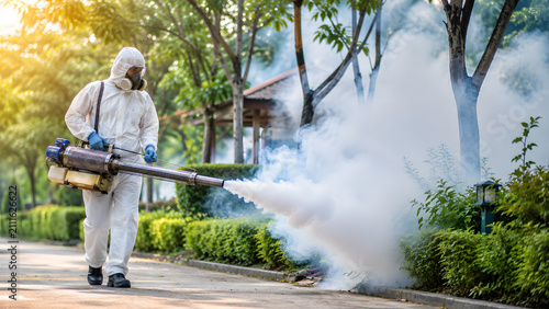 Professional Mosquito Fogging Operation with PPE Worker Using Thermal Fogger in Tropical Residential Area