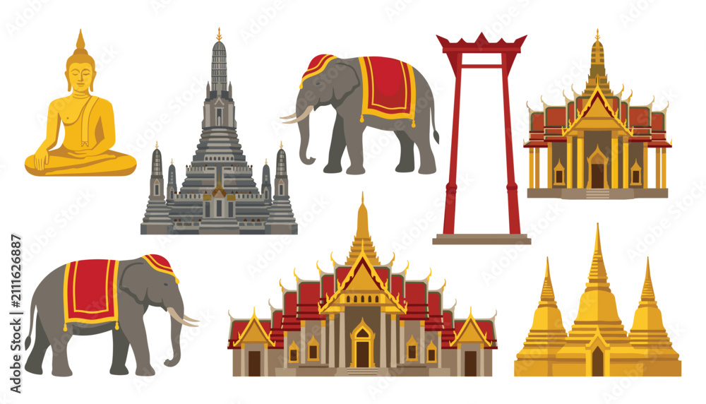 Obraz premium PrintThailand travel landmarks vector set featuring traditional buddhist temples golden pagoda elephant statue giant swing and buddha