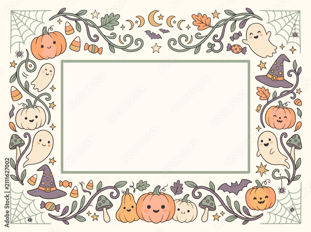 Fototapeta premium Cute Halloween Border Frame with Pumpkins, Ghosts, and Autumn Elements for Greeting Cards and Invitations