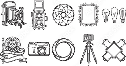 Vintage equipment collection including folding cameras, reels, camera lenses, light bulbs, and frames in black and white line