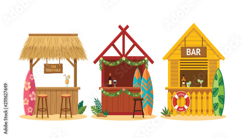 Cuadro en lienzo Tropical tiki beach bar and surf hut vector set with cocktail drinks surfboards