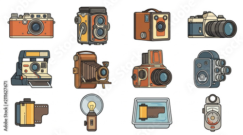 Bild auf Leinwand Collection of vintage and modern cameras illustrated.