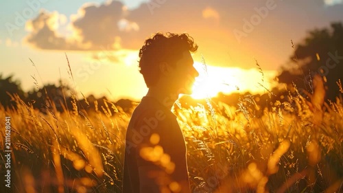 Silhouette of a person in a field at sunset, backlit by golden light