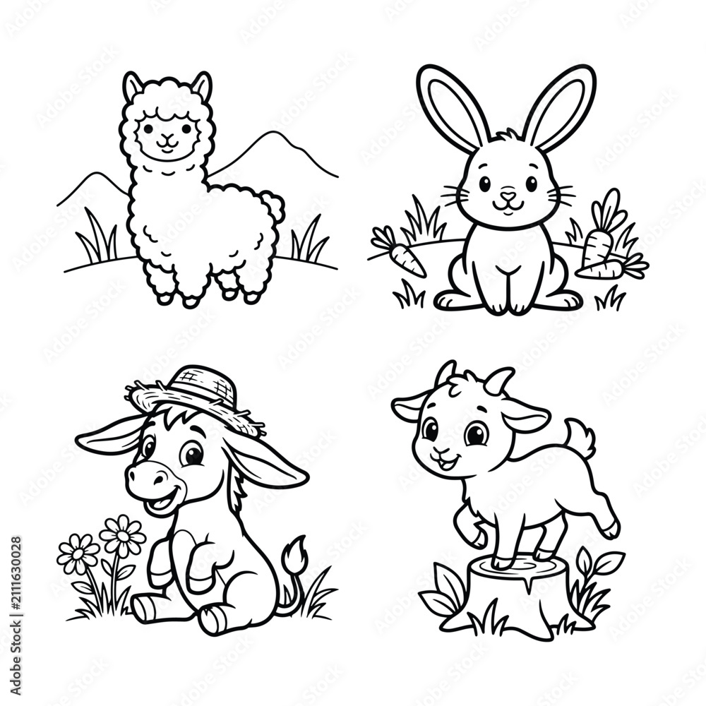 Fototapeta premium Set of four cute farm animal illustrations for a children coloring page featuring alpaca rabbit donkey and goat