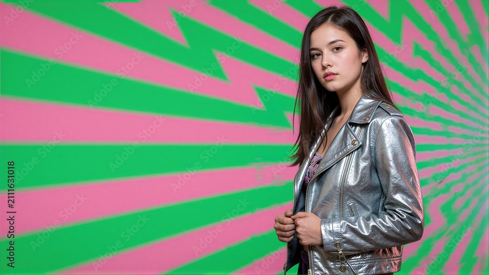 Fototapeta premium Young woman in silver jacket stands before vibrant green and pink striped background.