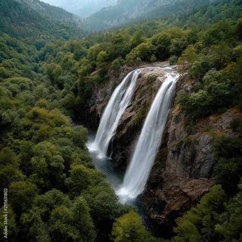 Waterfall forest mountain lush green misty tall nature landscape serene powerful waterfall cascades down rocky cliff surrounded by dense green