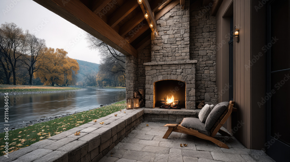 Obraz premium Cozy porch with stone fireplace, wooden chair, autumn trees, river view, warm fire, outdoor relaxation, peaceful atmosphere