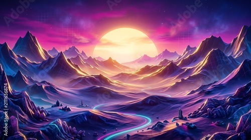 Vibrant alien landscape with glowing mountains at sunset, futuristic road.