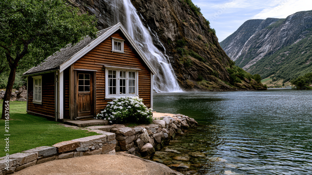 Fototapeta premium Charming wooden cabin waterfall mountain lake green grass serene nature peaceful scenic summer retreat