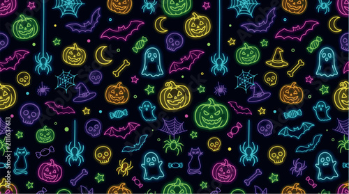 Seamless neon doodle halloween pattern on black background