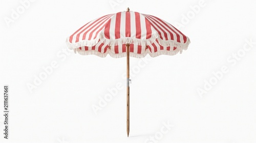 Red and white striped beach parasol with wooden pole isolated on a white background for summer vacation and travel concepts