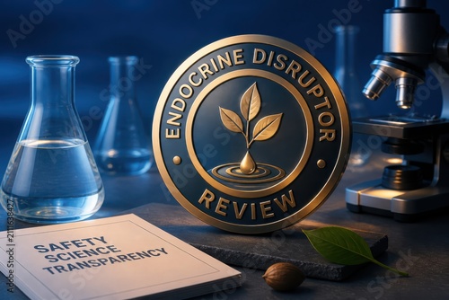 Endocrine disruptor review concept with laboratory glassware and safety science transparency