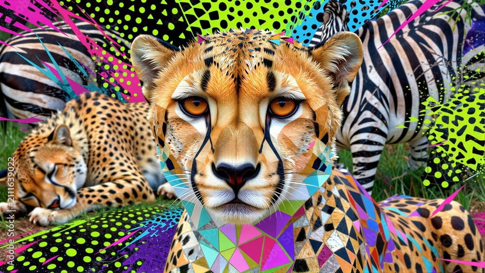 Obraz premium Cheetahs with vibrant geometric patterns, zebras in background, colorful abstract overlays.