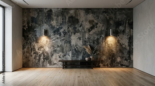 Modern Interior Design: Textured Wall, Wooden Floor, Ambient Lighting, Minimalist Decor