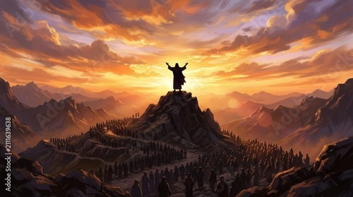 Prophet on Mountain Top, People Below, Dramatic Sunset Sky