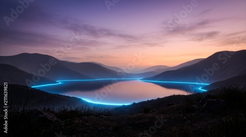 Serene lake with glowing blue light on shoreline at twilight, surrounded by mountains