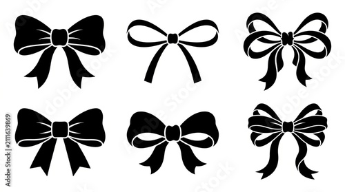 Set of Six Black Bow Silhouettes, Decorative Ribbons, Isolated on White Background