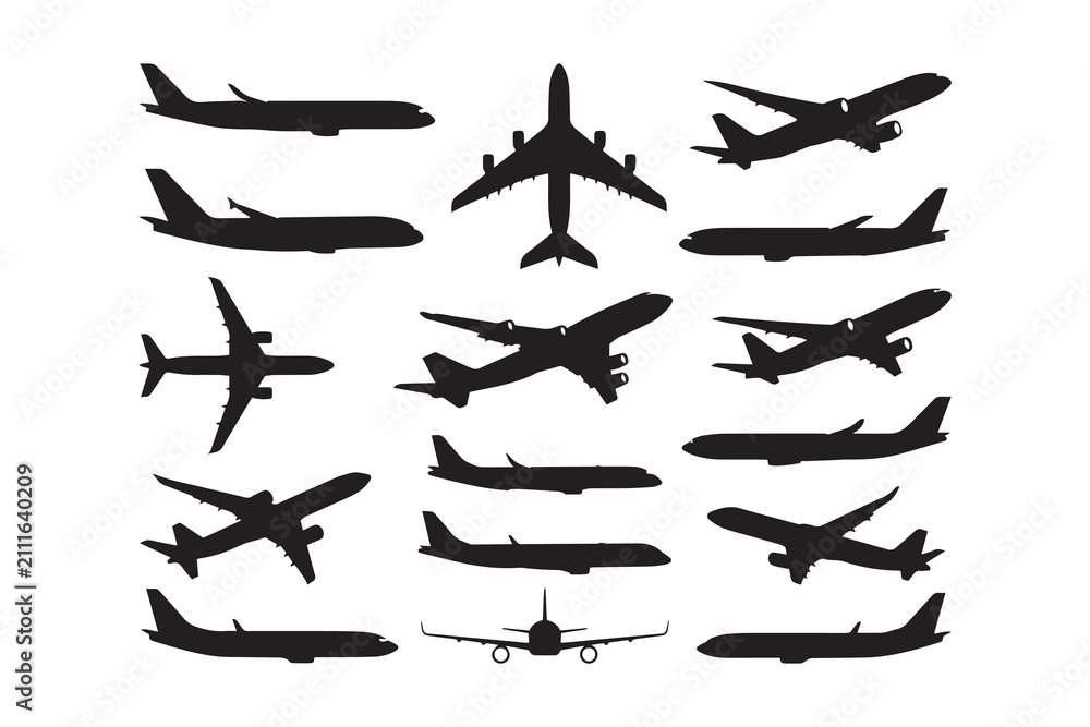 Fototapeta premium Airplane vector silhouette set isolated on white background passenger plane collection