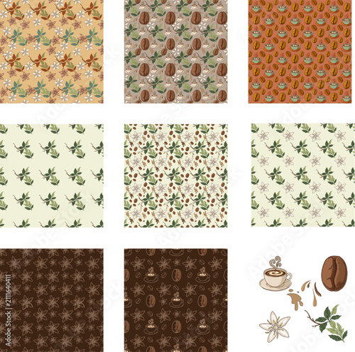 Coffee themed seamless pattern bundle with botanical elements vector collection