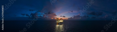 Aerial panoramic view of offshore jack up rig and offshore platform