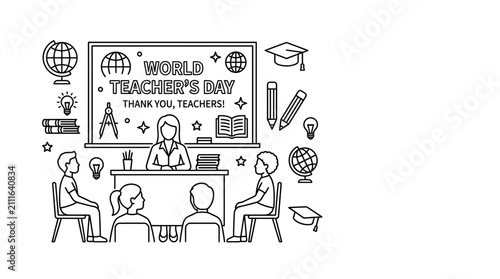 World Teacher Day Celebration Classroom Scene Line Art