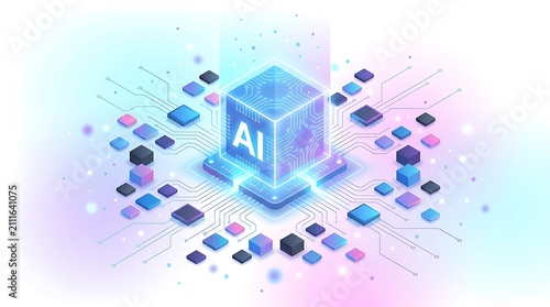AI technology cube with circuits and processors in neon blue and pink