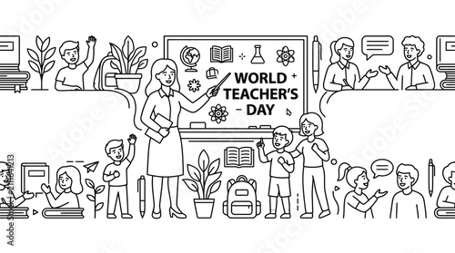World Teachers Day Line Art Illustration with Students and Classroom Elements