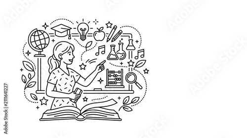 Teacher Pointing at Blackboard with Educational Icons Line Art
