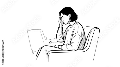 Stressed young woman sitting in chair touching forehead