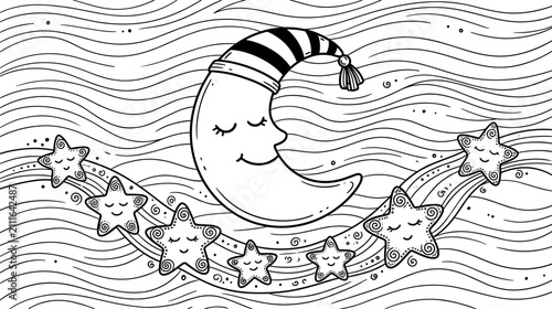 Картината върху платно Cute sleeping crescent moon vector illustration wearing a nightcap surrounded by smiling little stars on a textured wavy sky background pattern