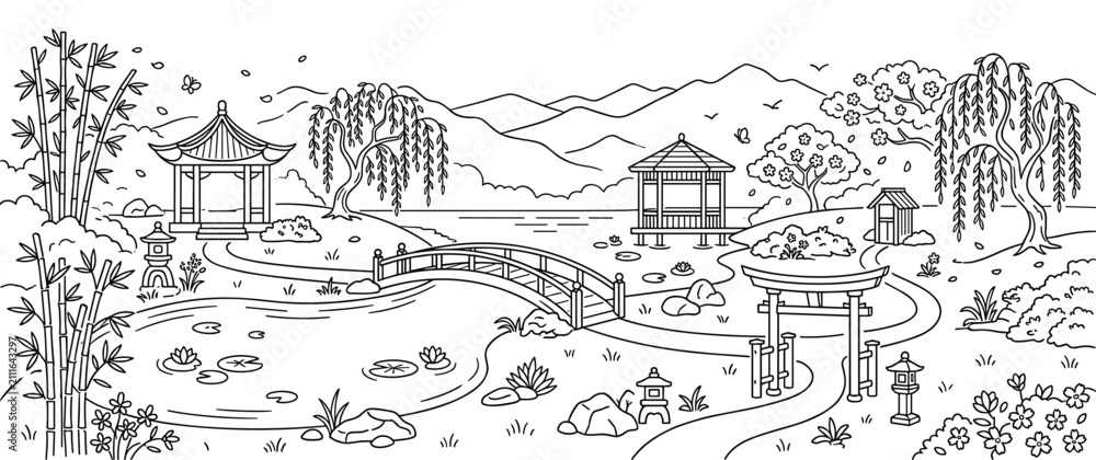 Fototapeta premium Japanese zen garden landscape coloring page, traditional asian park scene.