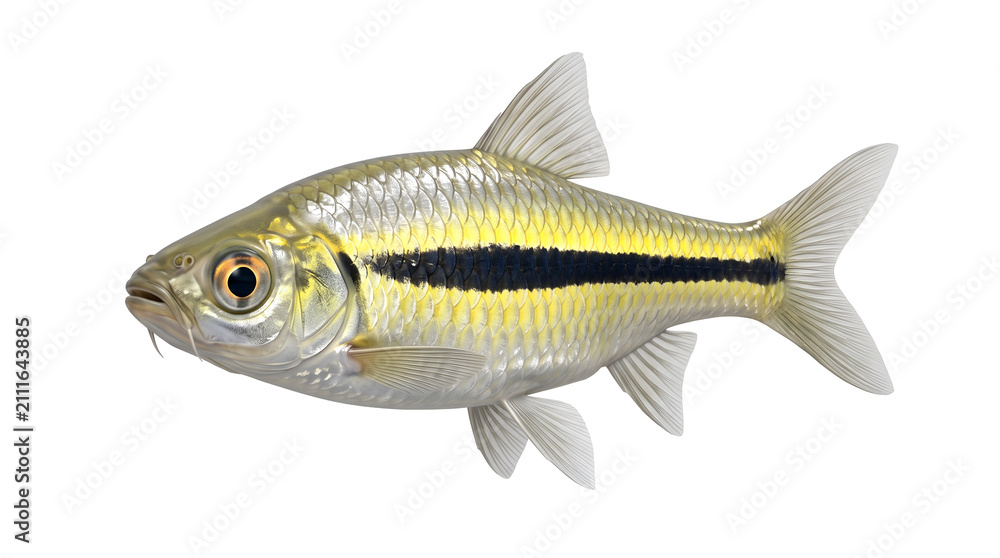 Fototapeta premium Single striped barb fish isolated on transparent background side view