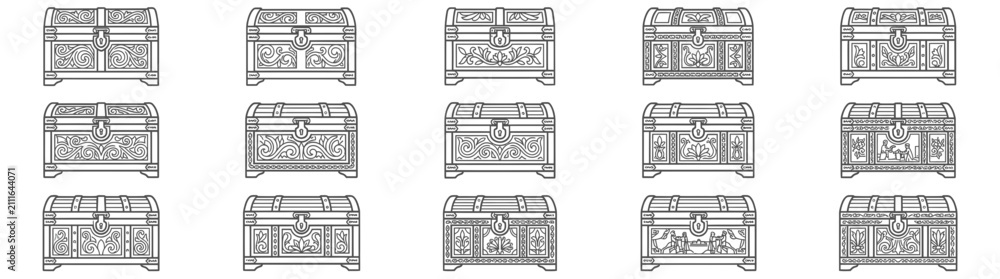 Fototapeta premium Collection of Vintage Ornate Chests Line Art