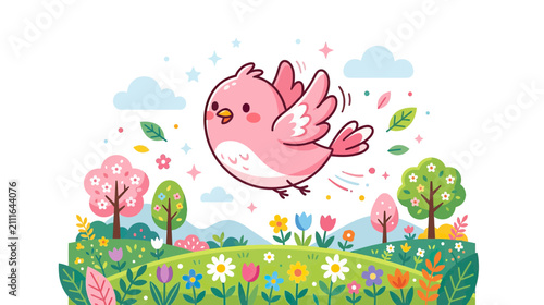 Cute Pink Bird Flying Over Spring Meadow Illustration