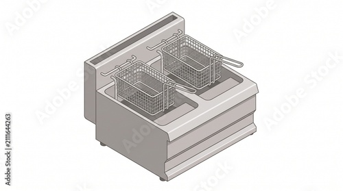 Isometric illustration of a commercial stainless steel deep fryer with wire baskets