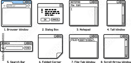 Retro computer window vector set, vintage 90s operating system interface elements, 8 nostalgic pixel style desktop browser and dialog box icons