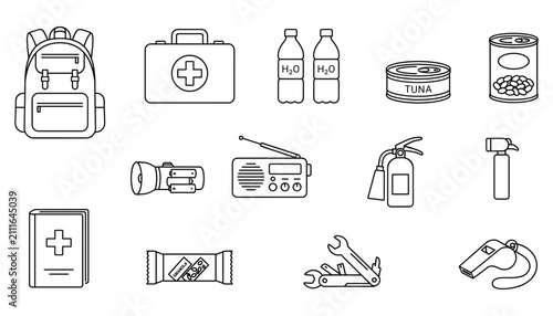 Emergency survival kit with safety gear backpack first aid and food supplies vector illustration set.