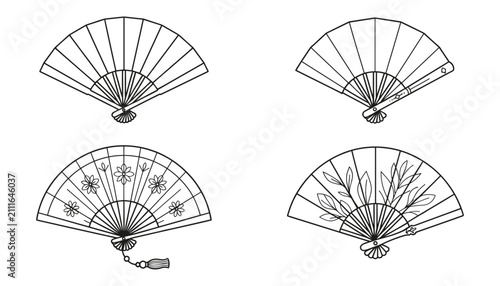 Set of traditional oriental fans vector illustration, asian folding handheld fan outline design.