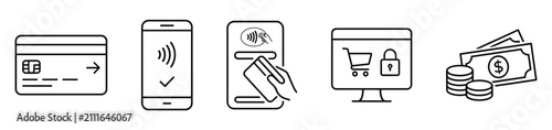 Online payment options vector illustration, financial transaction credit cards and cash.