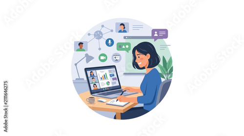 Woman working remotely on laptop, online meeting on screen