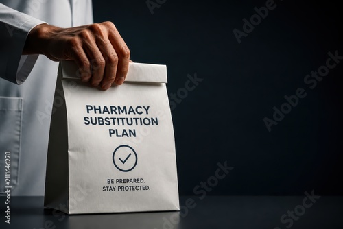 Pharmacy substitution plan paper bag with prepared and protected notice