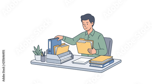 Man organizing files at office desk, business paperwork concept
