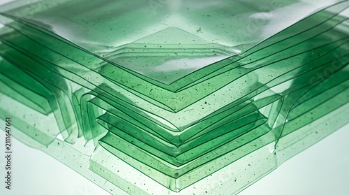 Bioplastic packaging sheets translucent green geometric layers elegant studio lighting professional mockup