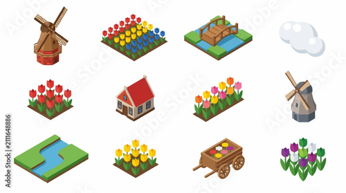 Bild auf Leinwand Colorful isometric farm and nature icons set.