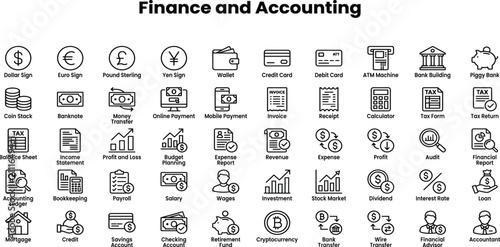 Konstfotografi Finance and accounting icon set featuring budget planning, financial reporting, bookkeeping, tax management, revenue growth, cash flow, audit, and investment analysis symbols