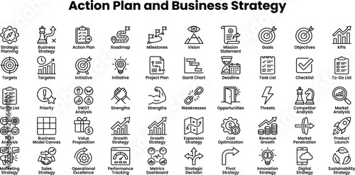 Action plan and business strategy icon set featuring project planning, goal setting, workflow management, roadmap, task checklist, productivity steps, and success timeline symbols.