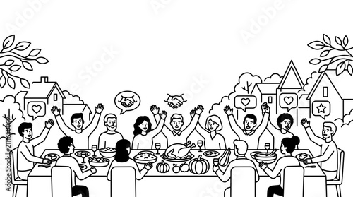 Group of Friends Celebrating Thanksgiving Dinner Line Art Illustration