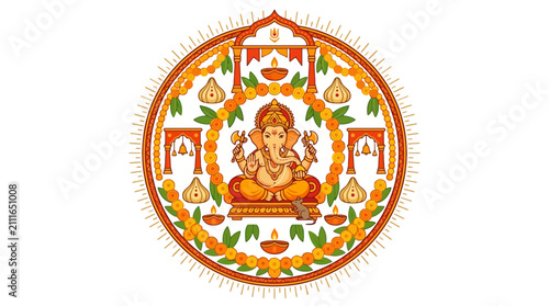Vector Icon Lord Ganesha circular mandala illustration for Hindu festival celebration. EPS Editable