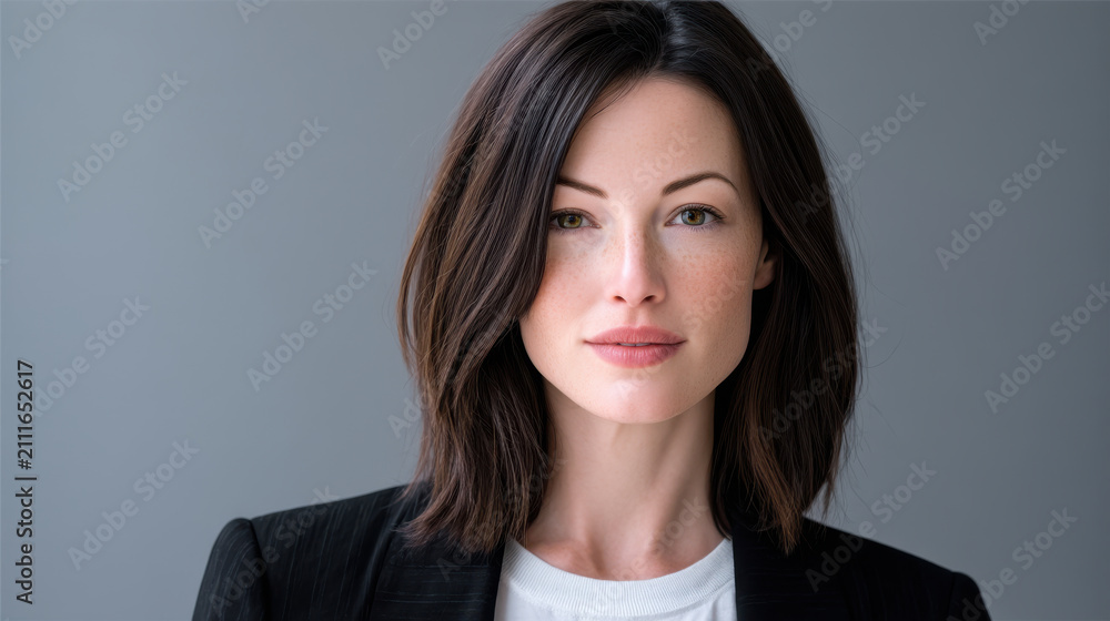 Obraz premium Confident woman straight dark hair fair skin black blazer white shirt studio portrait natural makeup calm expression