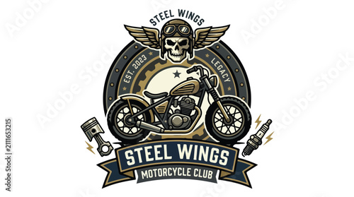 Motorcycle club emblem featuring a vintage bike, a skull wearing goggles, and wings represents a bold, classic aesthetic for a dedicated group of riding enthusiasts.